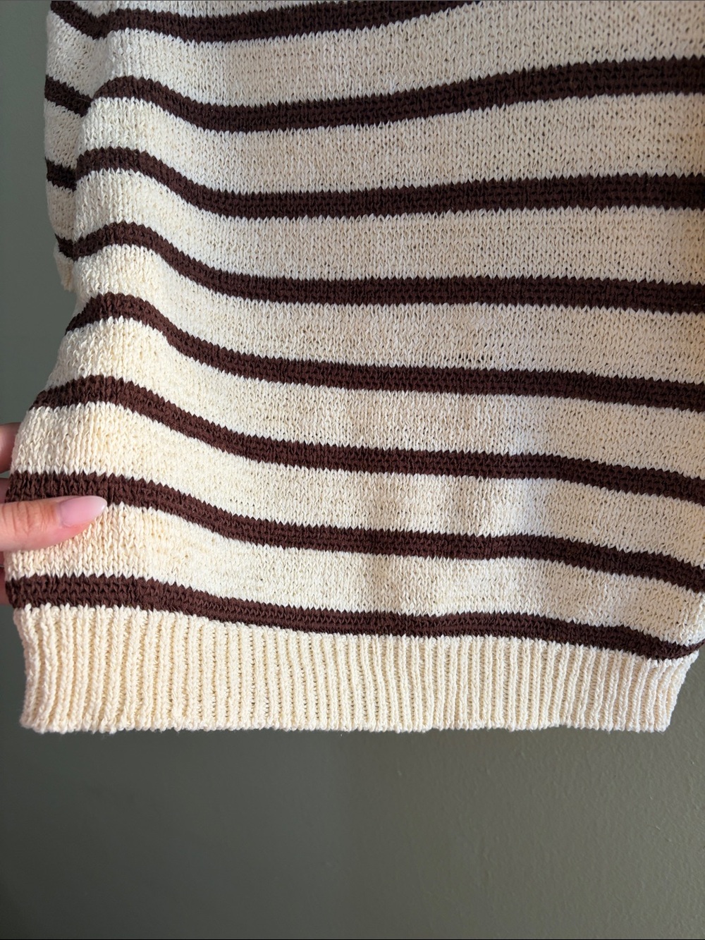 En Saison Cream and Brown Striped Short Sleeve Crew Sweater - Picture 3 of 9